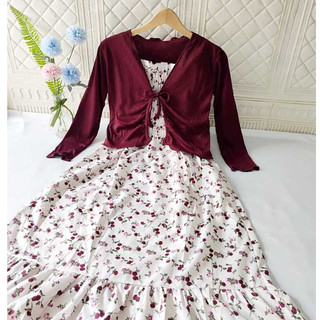 Setelan Wanita Cardigan & Dress Tali/One Set Pakaian Wanita Lucu Kekinian