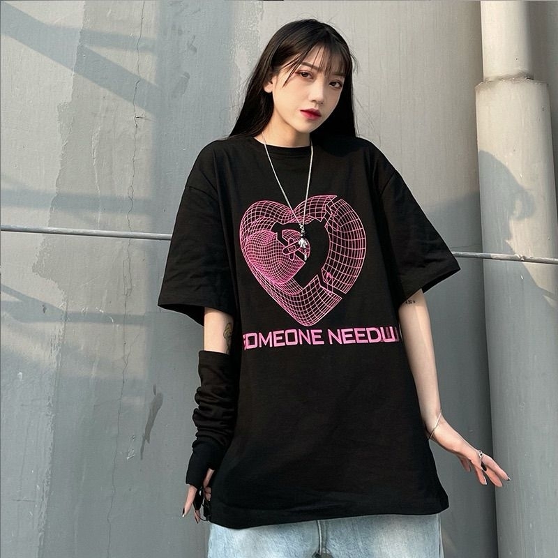 เสื้อยืดขนาดใหญ่หัวใจสีชมพูขนาดใหญ่วินเทจแขนสั้น Streatwear O-คอเหมาะสําหรับผู้ชายและผู้หญิง KSA-LUL