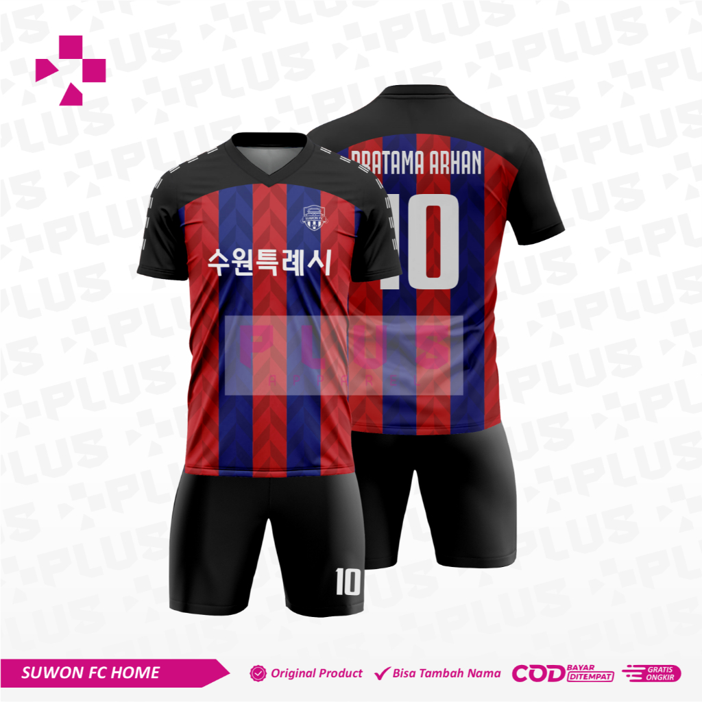 PLUS APPAREL_ ล่าสุด SUWON FC home indonesia 2025 เสื้อพรีเมี่ยมการพิมพ์เต็มรูปแบบฟรีชื่อและหมายเลขส