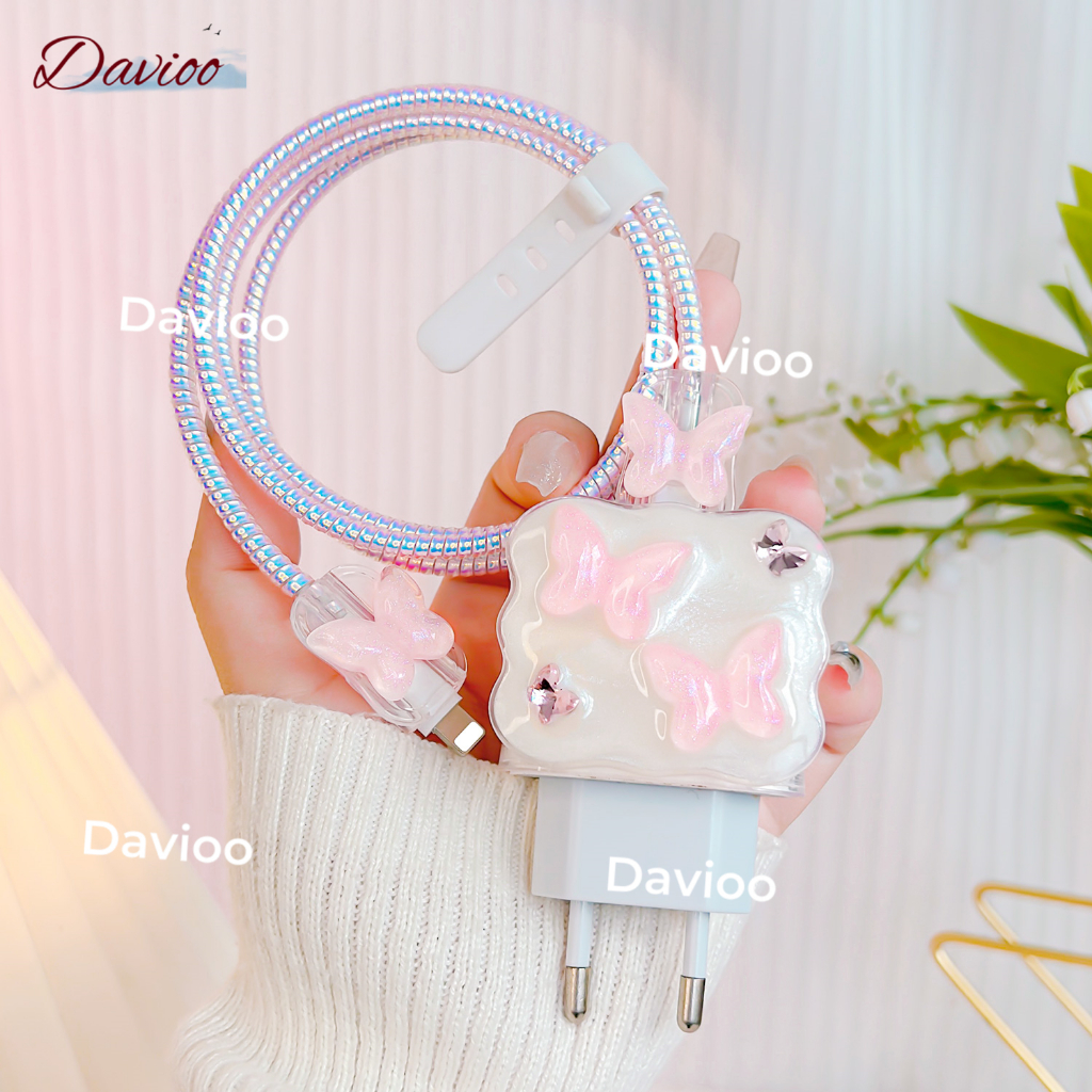 Davioo Pearl Butterfly Pattern Iphone Charger Cable Protector Iphone Charger Case 18w&20w18w&20w