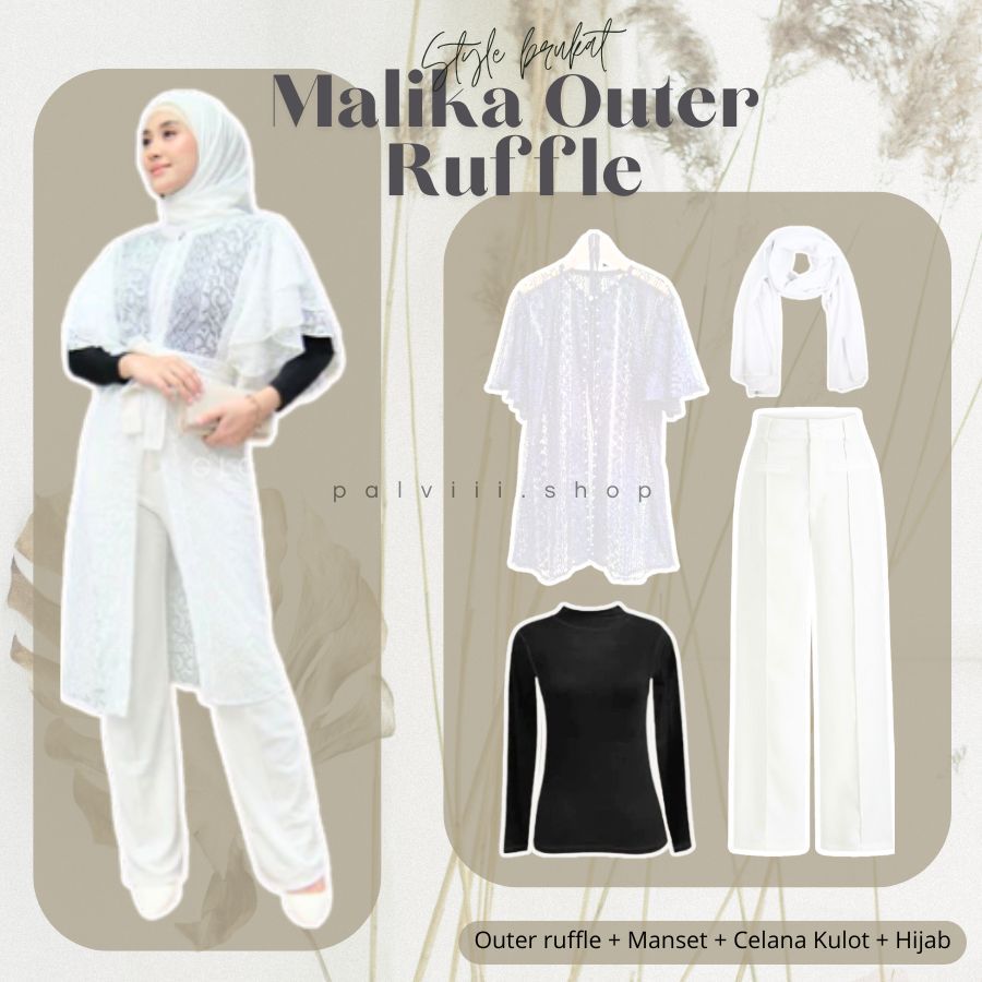 Malika Outer Brukat Ruffle White Set (Outer + Culottes + Cuff + Hijab) Style Brocade Kebaya Hijab สํ