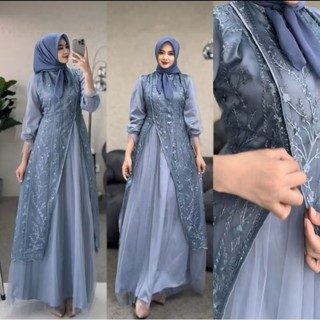 Kinar Dress Silk Kombinasi Tile Garden Premium Warna Burgundy Gamis Brukat Tile Pesta Wanita Mewah