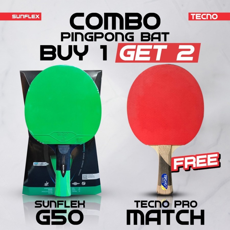 Combo Package ซื้อ 1 แถม 2 ปิงปองปิงปอง Bats Sunflex G50 สีเขียวยางสีดําการแข่งขัน Bet Tecno Pro Mat