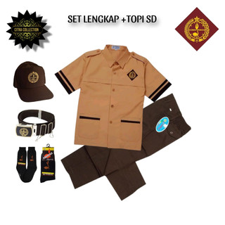 Setelan Seragam Pramuka Siaga SD Pendek Panjang Anak Laki Laki Kelas 1-6 SD Lengkap Bonus Topi Gesper Kaos Kaki Pramuka SD kaos kaki hitam kemeja seragam sekolah celana panjang pramuka coklat