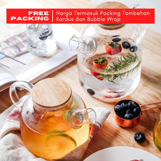 Teko Pitcher Kaca Tutup Bambu Tahan Panas Tahan Api Estetik - Teapot Teko Teh Kopi Jus Chinese Tea - Tutup Kayu Minimalis Aesthetic 1 - 1.8L