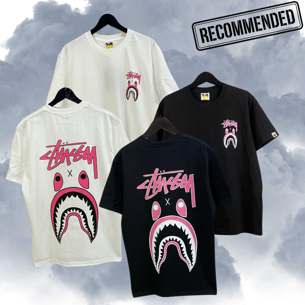 Katun Bape x Stussy เสื้อยืดสีขาว Full Tag Tops เสื้อยืดขนาดใหญ่ผู้ชาย Unisex แขนสั้นผ้าฝ้าย Tops
