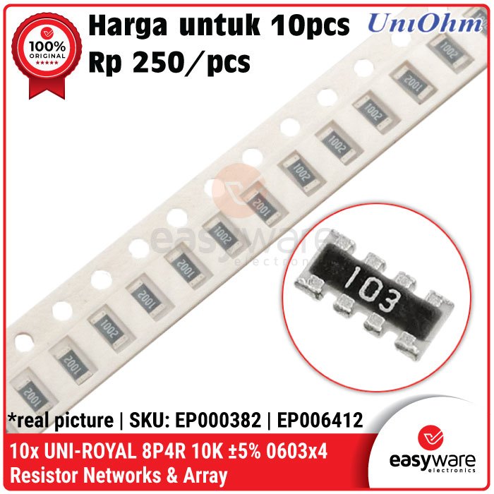 10x UNI-Royal 10K Ohm 8P4R 4D03 5% 1/16W 0603x4 1206 ตัวต้านทาน SMD Array