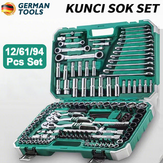 German tools Kunci Sok Set 12/32/37/46/53/61/82/94 pcs Set 1/2'' and 1/4'' inch Set Lengkap Kunci Mata Sok Potong Kunci Pas Alat Set Cincin 24 gigi Wrench Rachet alat perkakas lengkap motor Rachet Handle Multifungsi kunci