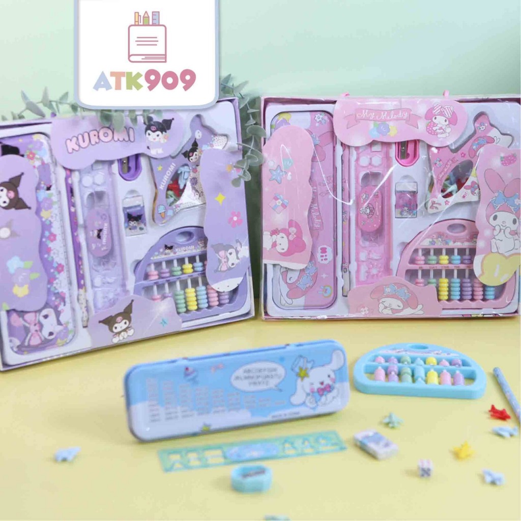 ATK909 เครื่องเขียนแพคเกจของขวัญของที่ระลึก 7in1 Abacus Kuromi Cinnamorol Mymelody ดินสอไม้บรรทัดยาง