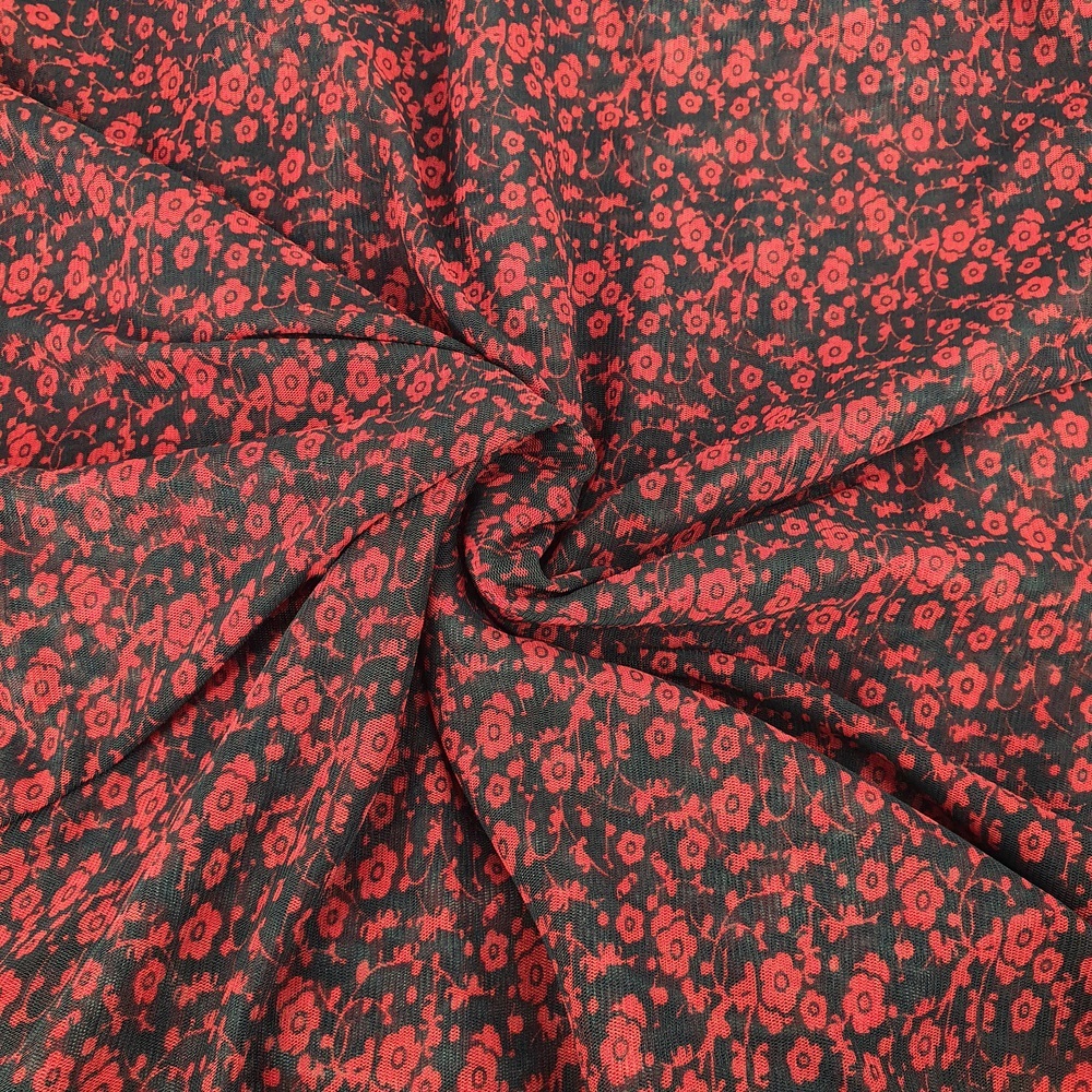 Tulle ยืดสีดําลายดอกไม้สีส้มเล็ก (Pronto Moda)