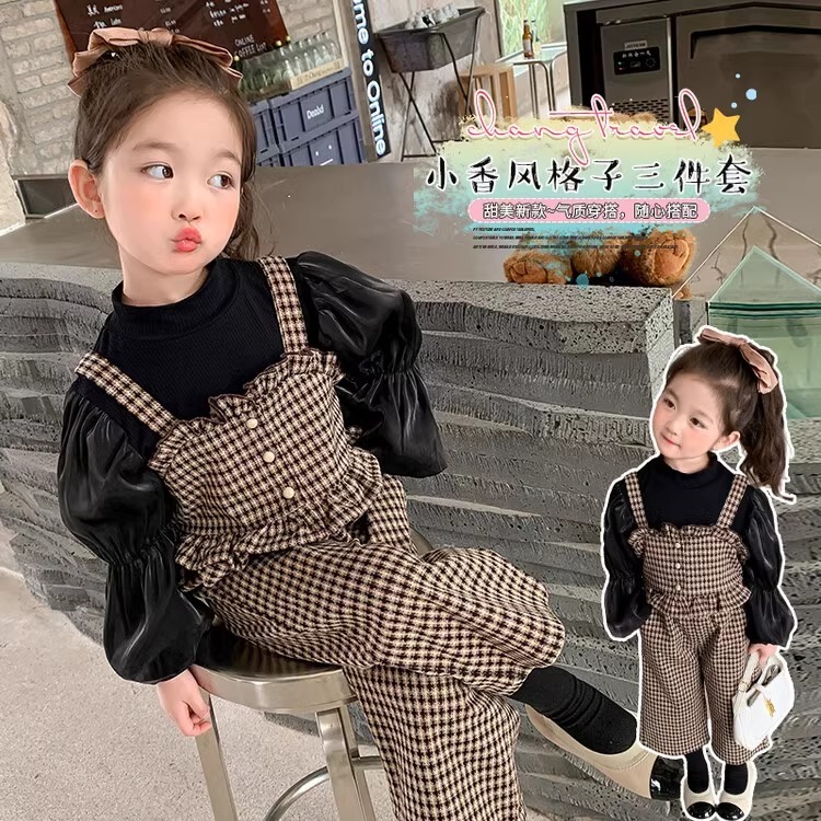 อินเทรนด์หญิง 3-ใน-1 รุ่นแขนยาวบอลลูนกระเบื้อง เชือกรูด ชุดชั้นในและเสื้อกั๊กลายสก๊อตทวีดด้านนอกด้วย