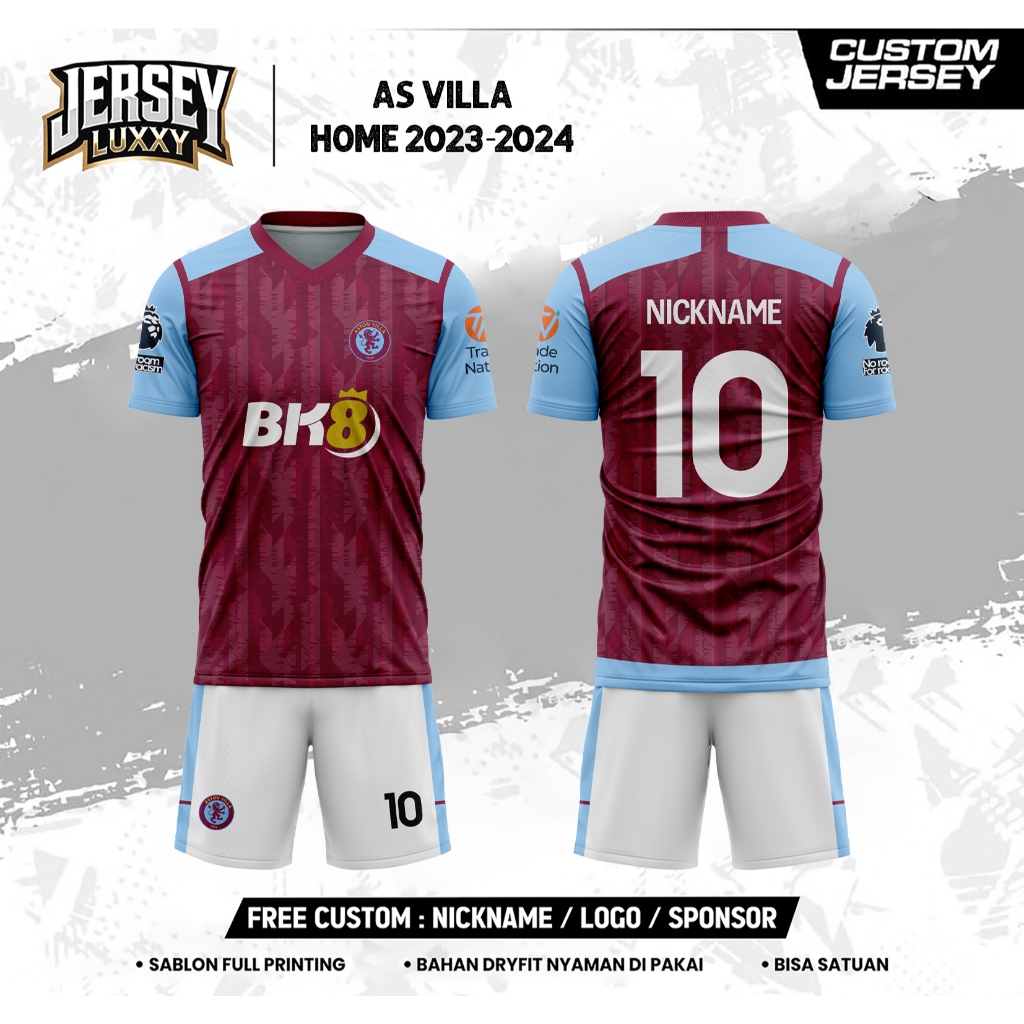 AS V1LLA H0ME 2023-2024 Football Jersey_FREE Custom ชื่อและตัวเลข_ ดีไซน์ FULL ผู้ใหญ่และเด็ก