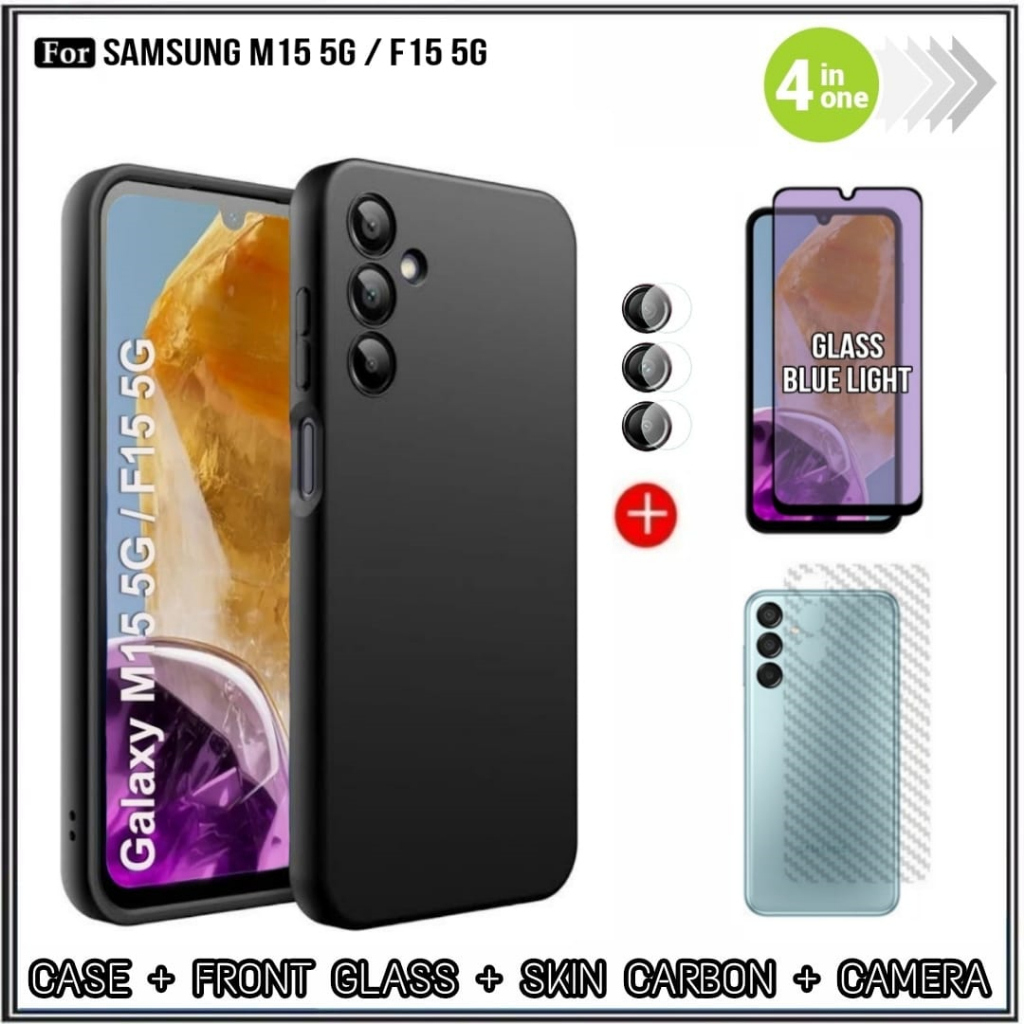 แพ็คเกจ 4IN1 เคส Samsung M15 / F15 5G SoftCase Cover + Blue Light Full Cover + กล้อง + Garskin
