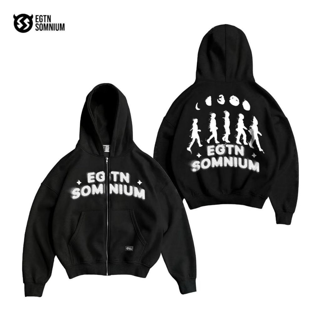 EGTN Somnium Black Boxy Zipper Hodie สําหรับผู้ชายและผู้หญิงวัสดุผ้าฟลีซระดับพรีเมียม