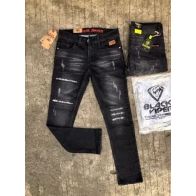 Mens Long RIPED Biker Pencil FIT JEANS