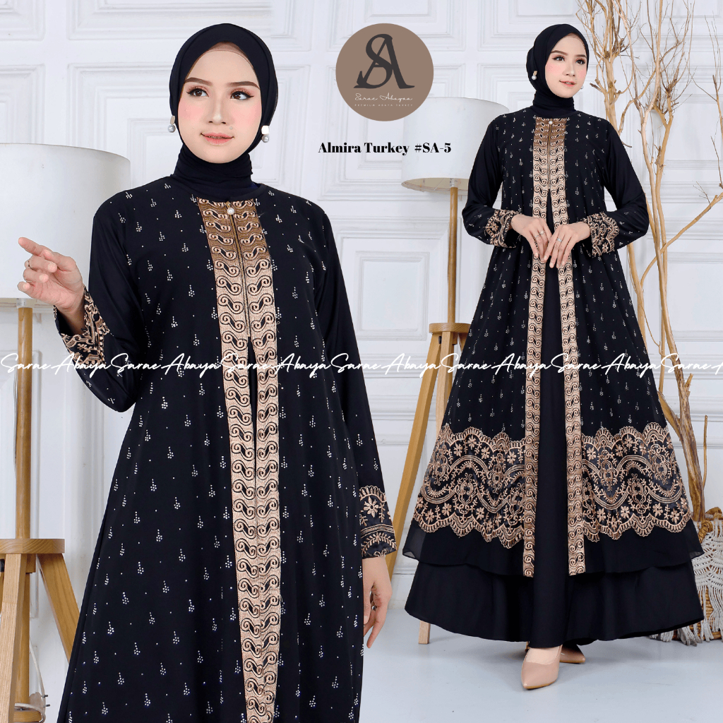 Sarae Abaya ตุรกีพรีเมี่ยม Almira SA-5 Gamis ปักเลื่อม Ceruty Türkiye สีดําหรูหรา Ceruti