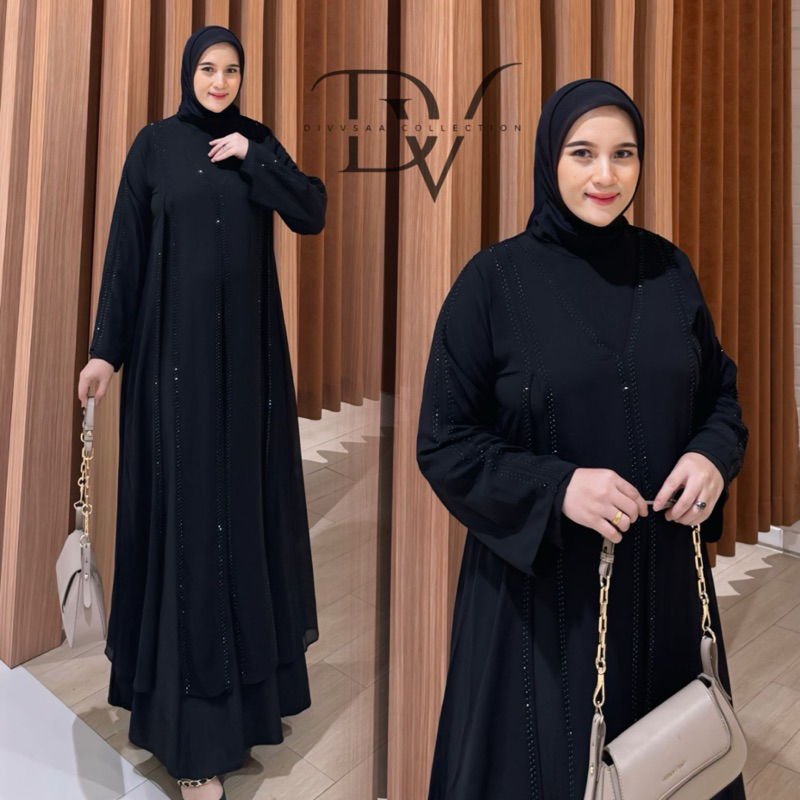 HITAM TURKEY ABAYA GAMIS BLACK SEQUENCE SWAROVSKI GOLD HAND TRUMPET SIMPLE ELEGANT