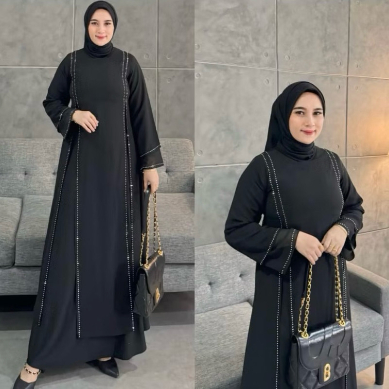 HITAM TURKEY ABAYA GAMIS BLACK SEQUENCE SWAROVSKI GOLD HAND TRUMPET SIMPLE ELEGANT