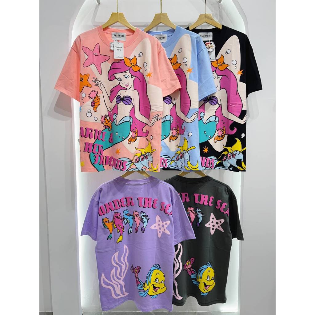 ต้นฉบับนําเข้า BANGKOK FLOWER THAILAND เสื้อยืด ARIEL & HER FRIENDS MOTIF / OVERSIZED เสื้อผู้หญิงแล