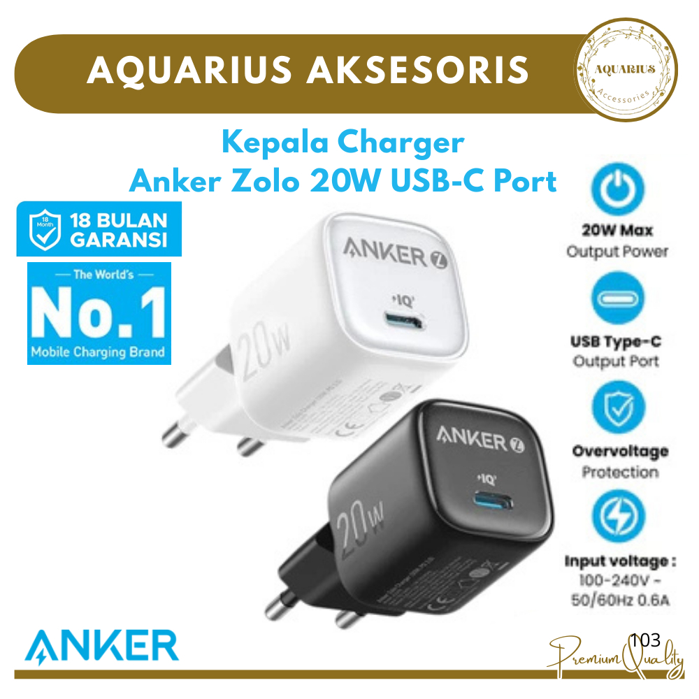 [ANKER] Anker Zolo 20W USB-C หัวชาร์จ PD 3.0 พอร์ตชาร์จเร็ว | Anker A2699L11 ของแท้ 100%