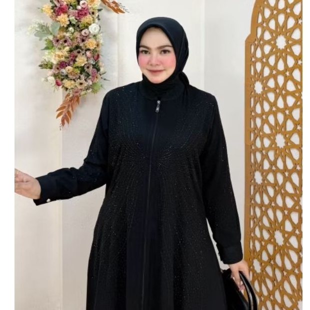 ZALKA ABAYA ORIGINAL BY SI.NE.SA - ARABIC DUBAI GAMIS WITH MOTTE DECORTATIONS / ELEGANT BLACK SEQUIN