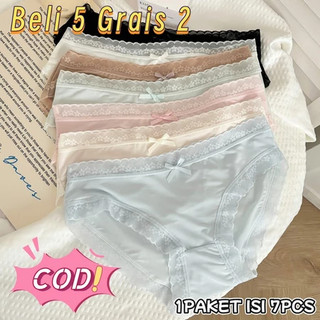 7pcs Celana Dalam Wanita Seamless Renda seksi CD Antibakteri Bahan Sutra Motif Pita Polos Pinggiran Lace Halus Dingin Bisa #406
