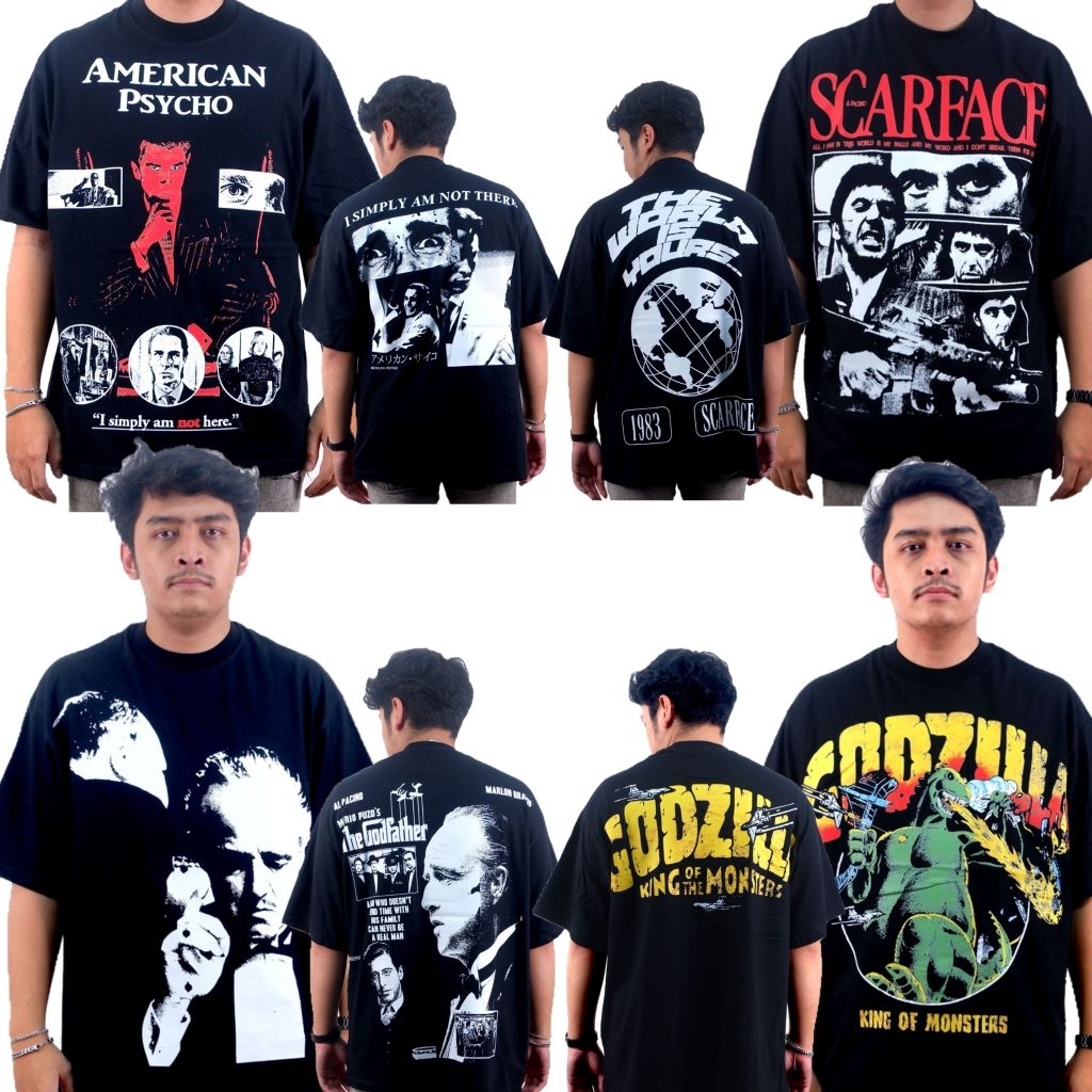 MOVIE FILM เสื้อยืด GODZILLA THE GOD FATHER เสื้อยืด AMERICAN PSYCHO เสื้อยืด SCARFACE