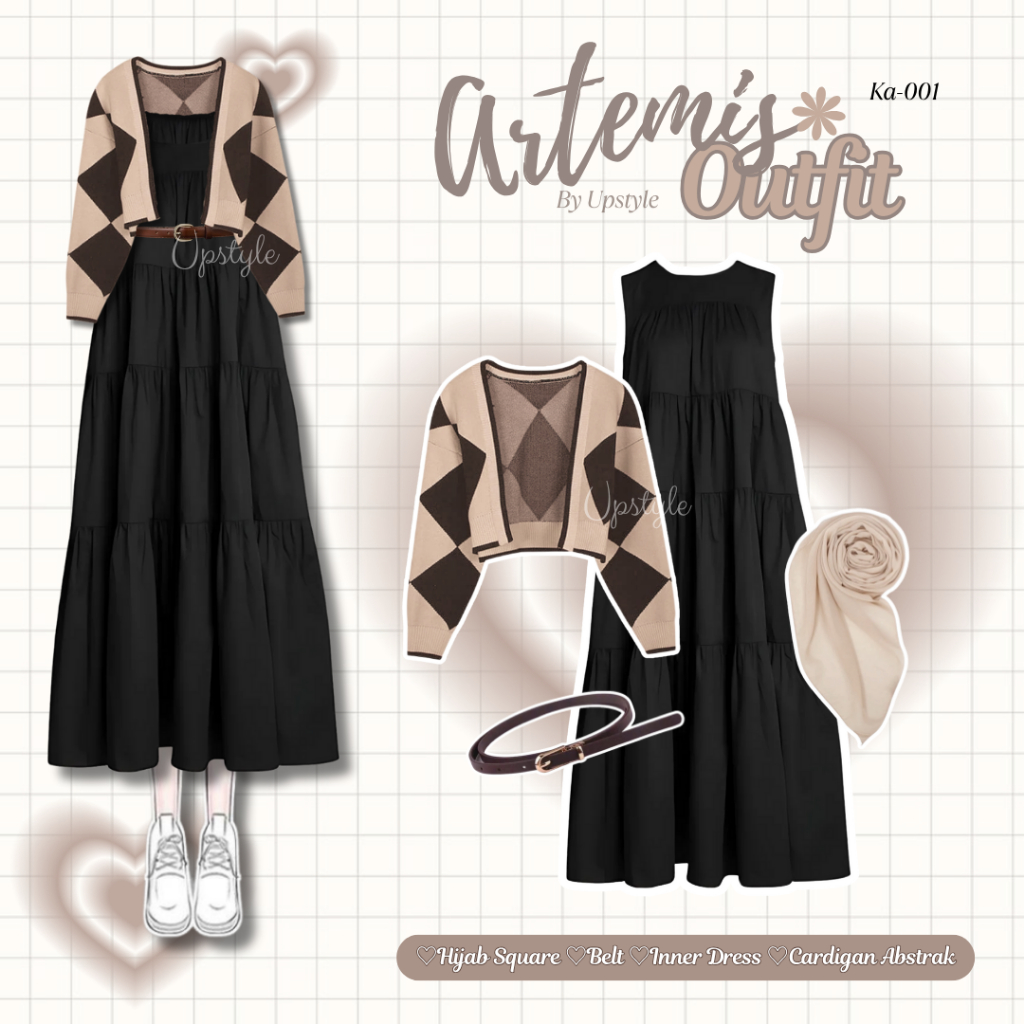Upstyle - Artemis 4in1 Set Douyin Outfit Kekian (Abstract Cardigan + Ruffle Inner Dress + Bella Hija