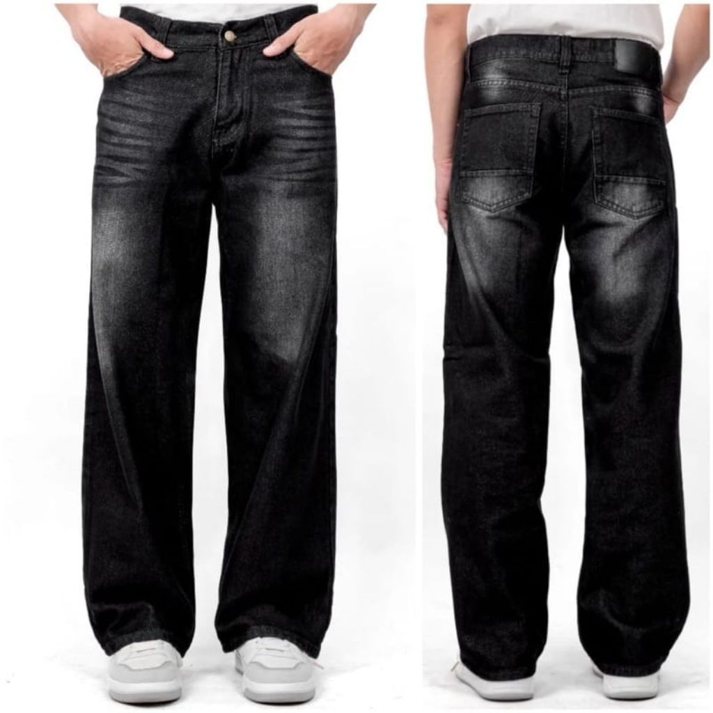 Beggy Jeans Wisker Mens Long Pants Loose Wide Wisker Black Jeans korean Style Regular