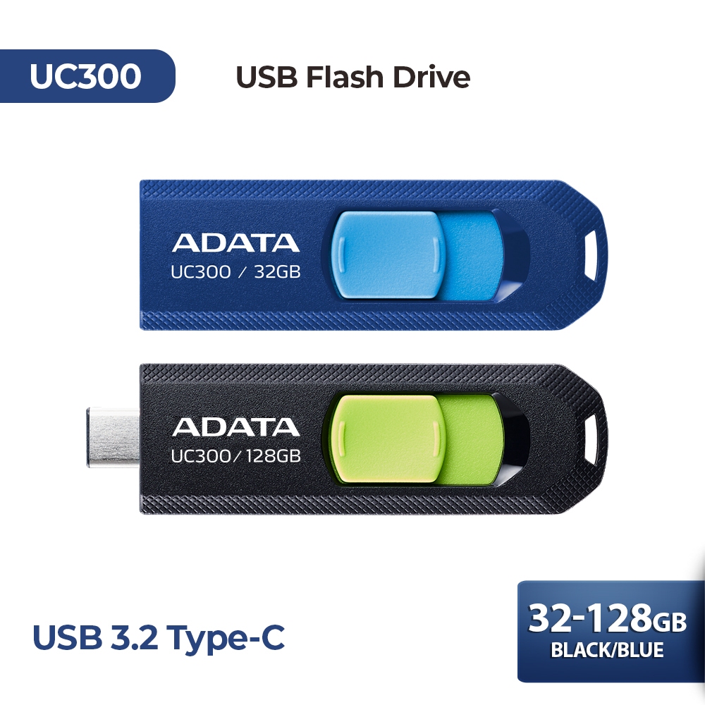 ADATA UC300 Type-C USB แฟลชไดรฟ์ 32GB/64GB/128GB/256GB สีดํา/น้ําเงิน