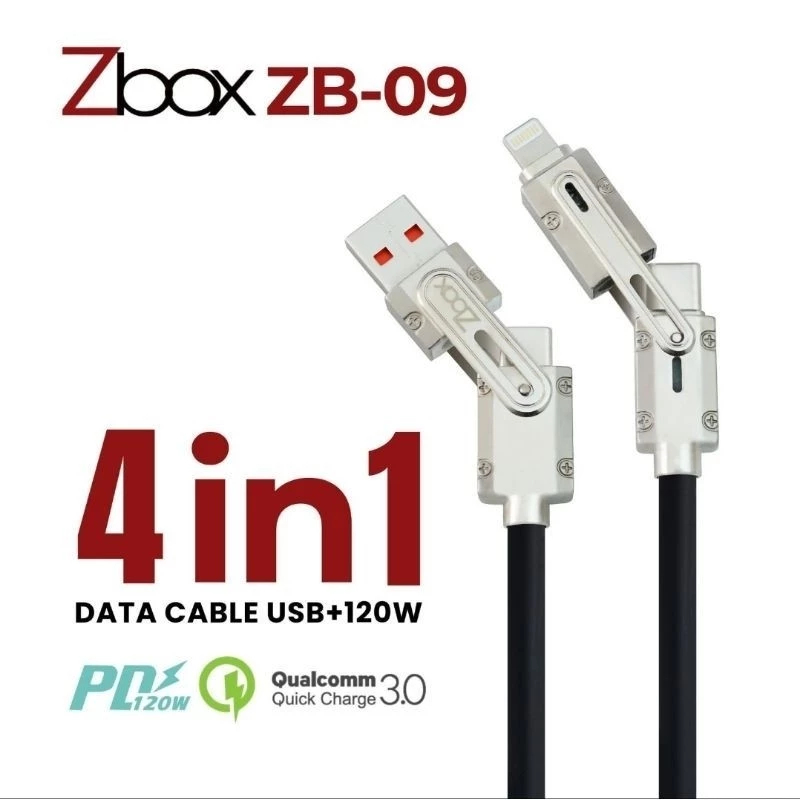 [ ZB-09 ]- สายเคเบิล Zbox ZB-09 โลหะ 4in1 Usb + PD 120W QC3.0 Fast + Super Vooc Type C & Iphone zbox