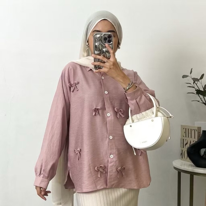 KEMEJA Milena Ribbon Shirt Coquette Polo Linen Ribbon Shirt