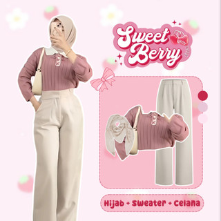 One Set Setelan Wanita Cantik Kekinian (Sweater + Celana Knit + Hijab) OOTD Cute Style - DS091 N