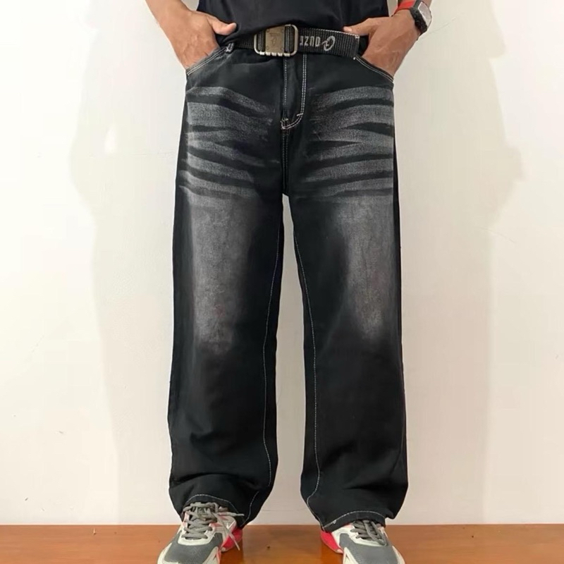 Beggy Jeans Wisker Mens Long Pants Wide Wisker Black Culottes สบายกางเกงผู้ชาย
