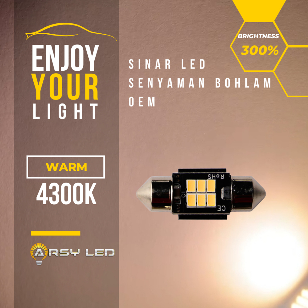 ARSYLED ไฟห้องโดยสารเพดาน LED festoon 30mm 31mm 30 31 Warm Bulb 4300K