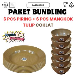 PAKET BUNDLING ISI 12 PCS (1 LUSIN) 6 PCS MANGKOK TULIP COKLAT + 6 PCS PIRING PLASTIK COKLAT