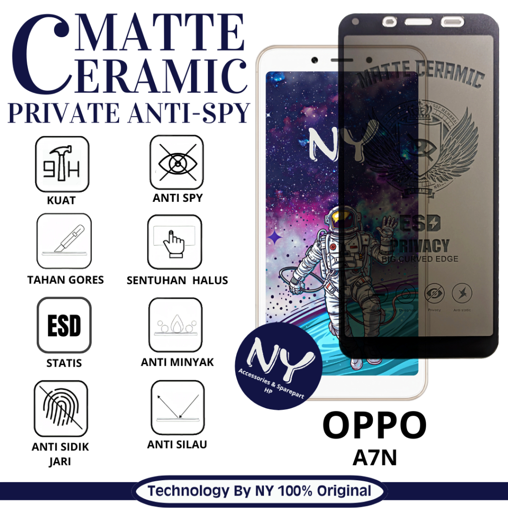 NY ANTI SCRATCH FULL SCREEN OPPO A7N / A5S PRIVACY MATTE CERAMIC STATIC ESD GLASS / CLEAR TEMPERED G