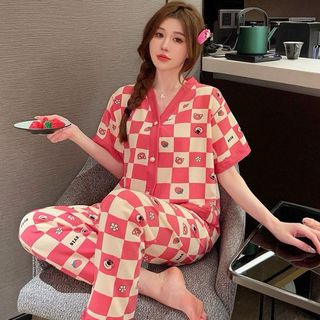 MK Piyama Baju Tidur Wanita Premiun Bahan Satin Viscose Korea Style Lengan Pendek Import MK 012
