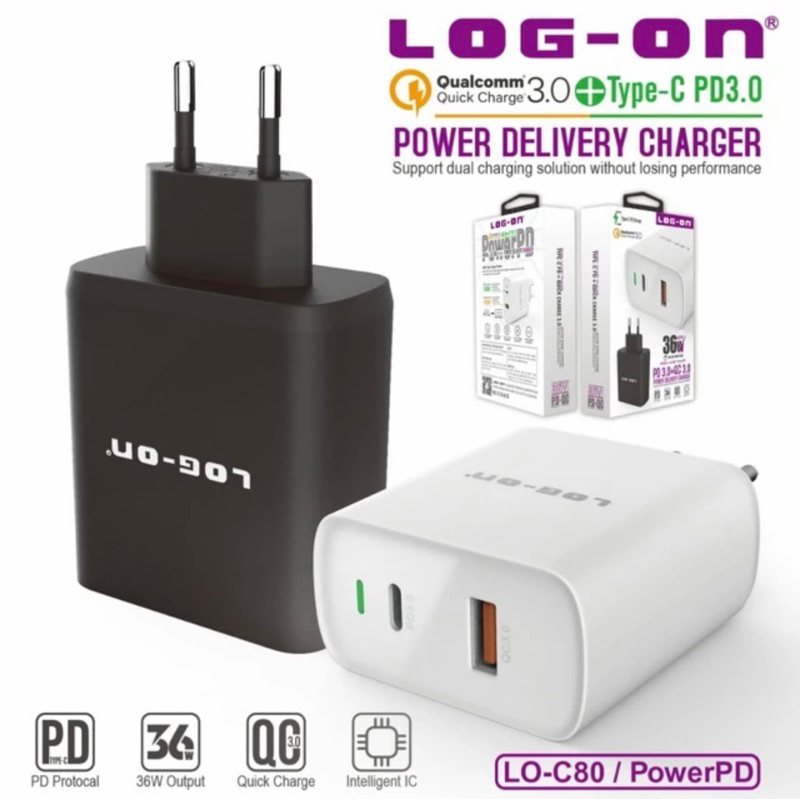 เครื่องชาร์จ TC LOG-ON LO-C80 36W QUALCOMMM QUICK CHARGER 3.0 + TYPE C PD3.0