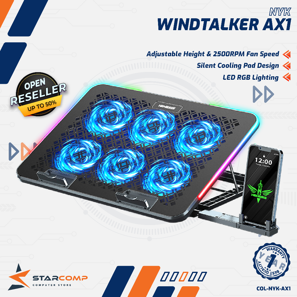 NYK Nemesis Windtalker AX1 / NYK AX1 แผ่นระบายความร้อน Topper 6 พัดลม RGB พร้อมที่วางโทรศัพท์