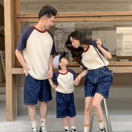 (PREMIUM QUALITY) Namiya NAVY - BEIGE PLAIN RAGLAN FAMILY COUPLE T-SHIRT / 3 สี COMBINATION FAMILY C