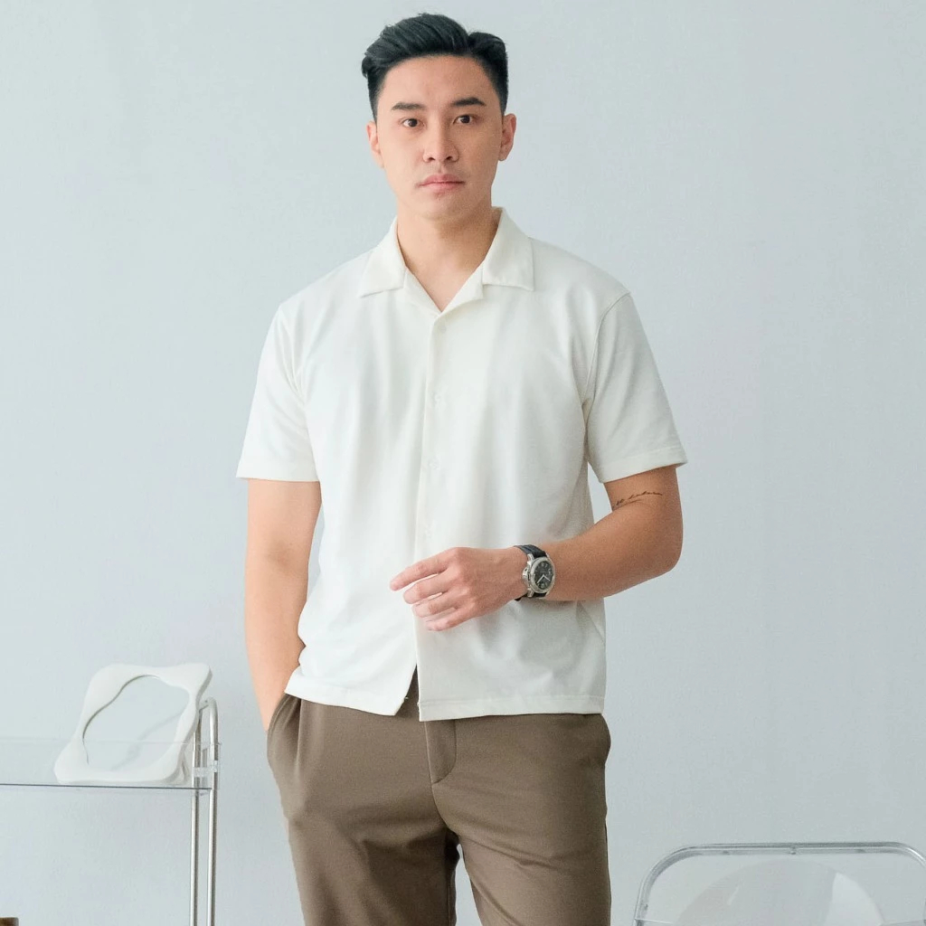 KEMEJA LFRY - เสื้อฮาวายลําลองผู้ชายคอปกเปิดสีขาวธรรมดา