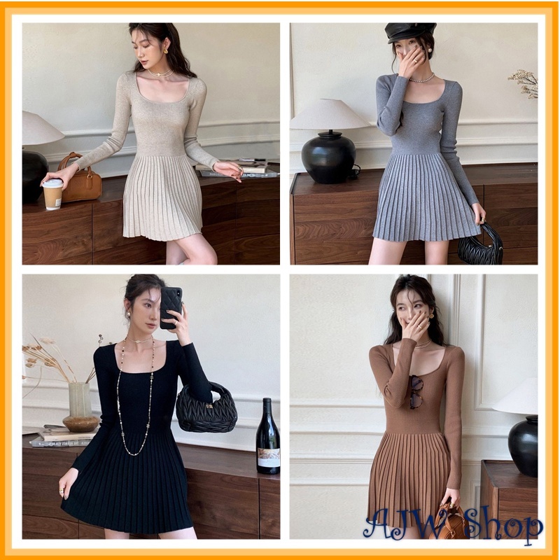 AJW ชุดเดรส Peplum ผู้หญิงจีบคอเหลี่ยมแขนยาวพรีเมี่ยม STC | Plisker Peplum Knit Premium มินิเดรสผู้ห