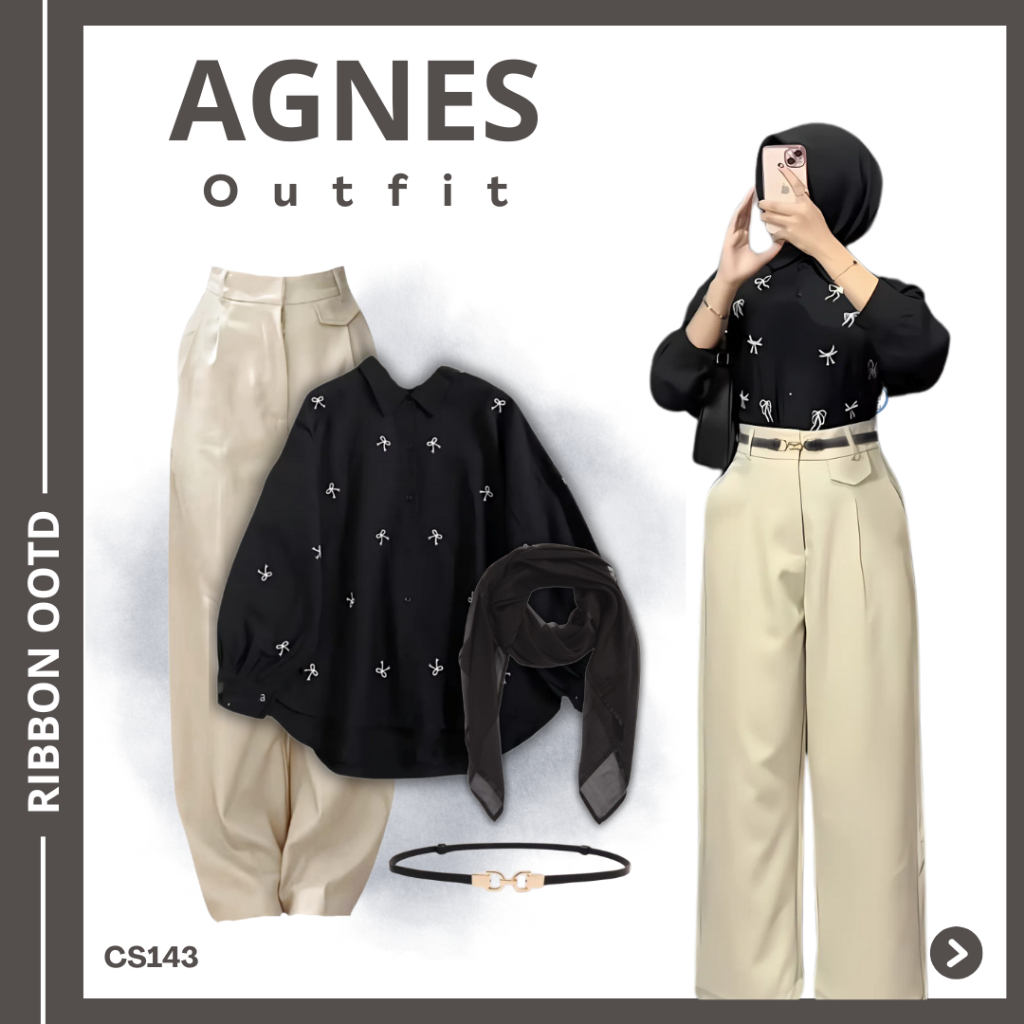 One Set 3In1 Womens Coquette (Ribbon Motif Blouse, Oro Pants, Hijab, เข็มขัดผู้หญิง) College Outfit 