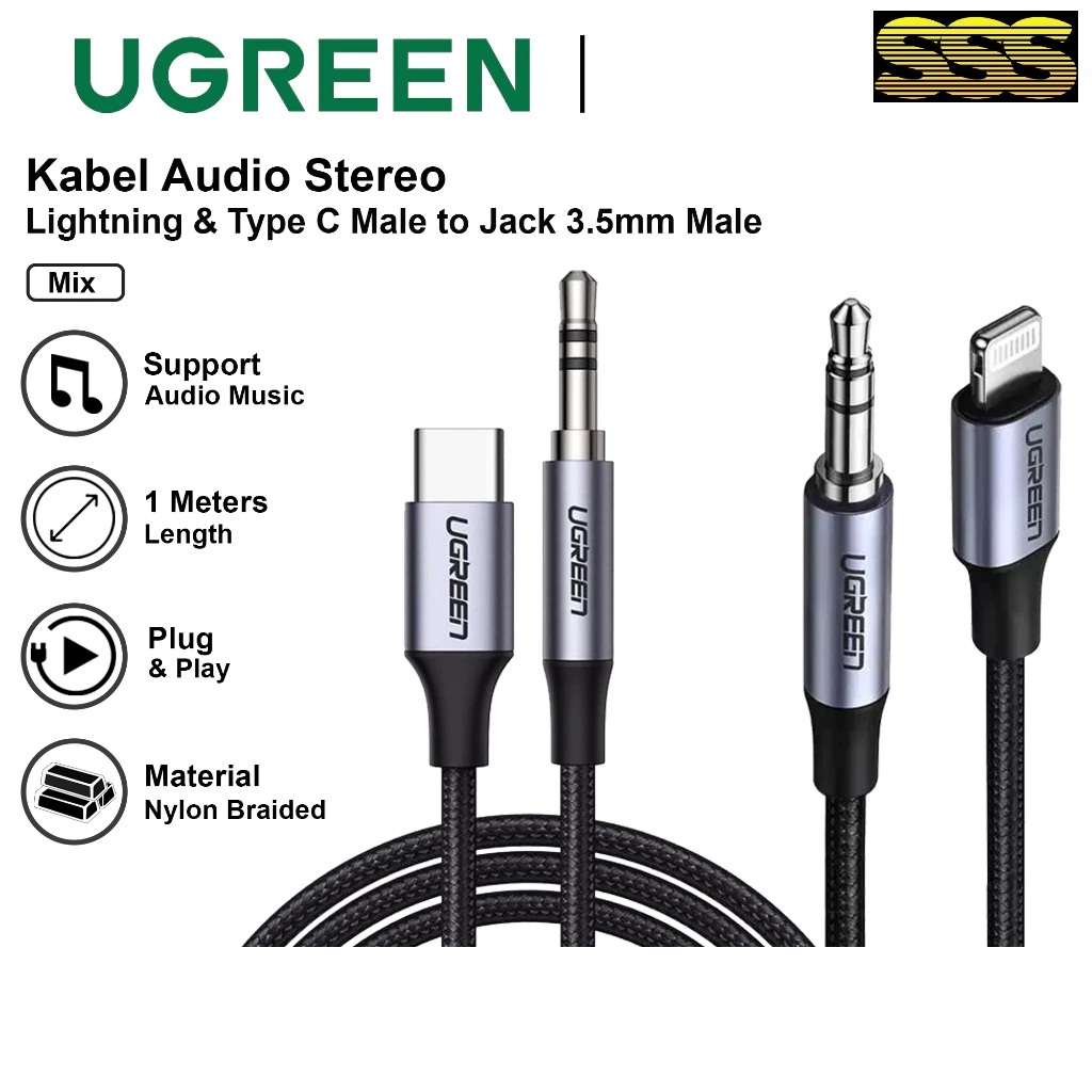 UGREEN สาย Lightning MFI Type C DAC เป็นแจ็ค 3.5 มม. ตัวผู้ AUX ugreen Cable Braided