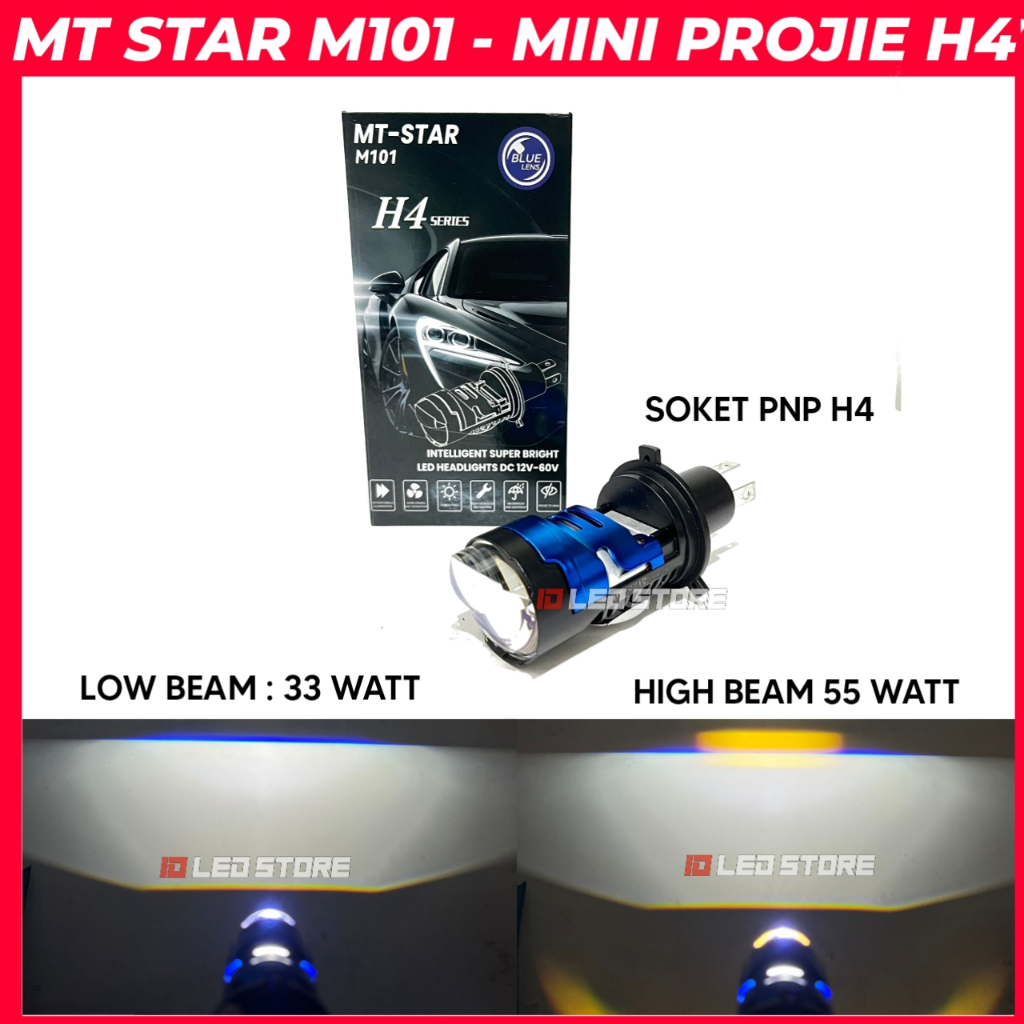 MT STAR M101 H4 โคมไฟโปรเจคเตอร์ H4 Mini โปรเจคเตอร์ PNP H4 เลนส์สีฟ้ารถจักรยานยนต์รถ Universal Mini