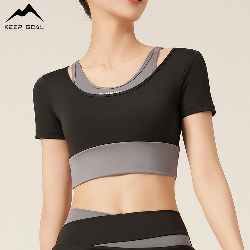 KEEP GOAL เสื้อกีฬาโยคะแขนสั้นผู้หญิง 2in1