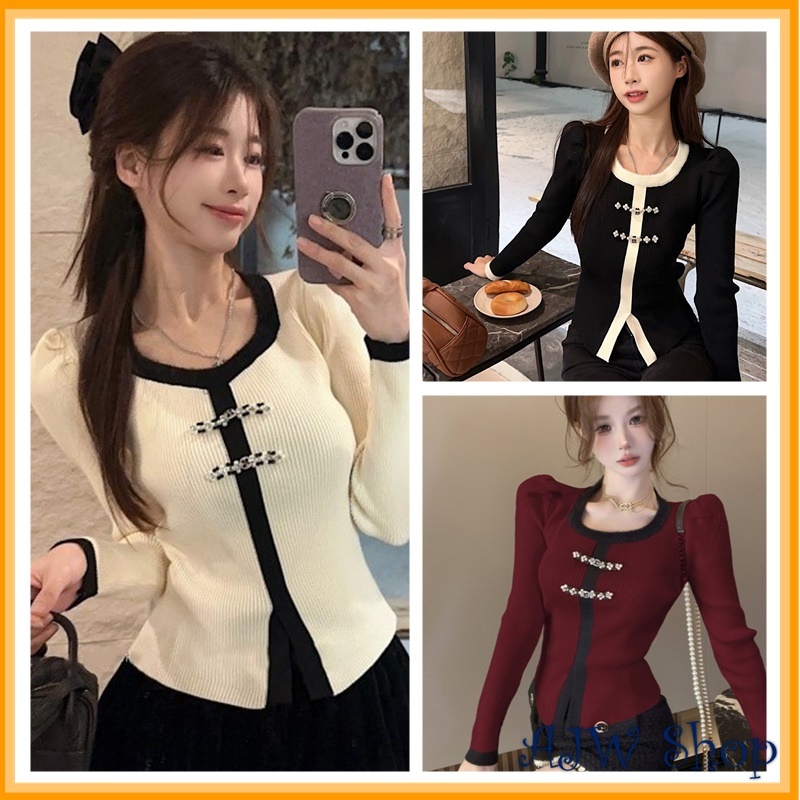 AJW เสื้อคอสี่เหลี่ยมผู้หญิงแขนพองและปุ่มพรีเมี่ยมถัก Variation RCP | เสื้อท็อปสตรีสไตล์เกาหลีพร้อมผ