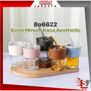 OSM JKT Bo6622 Botol Minum Kaca Aesthetic / 350 mL Tumbler dengan Sedotan / Gelas Minum Vintage Style / Botol Minum Anti Tumpah