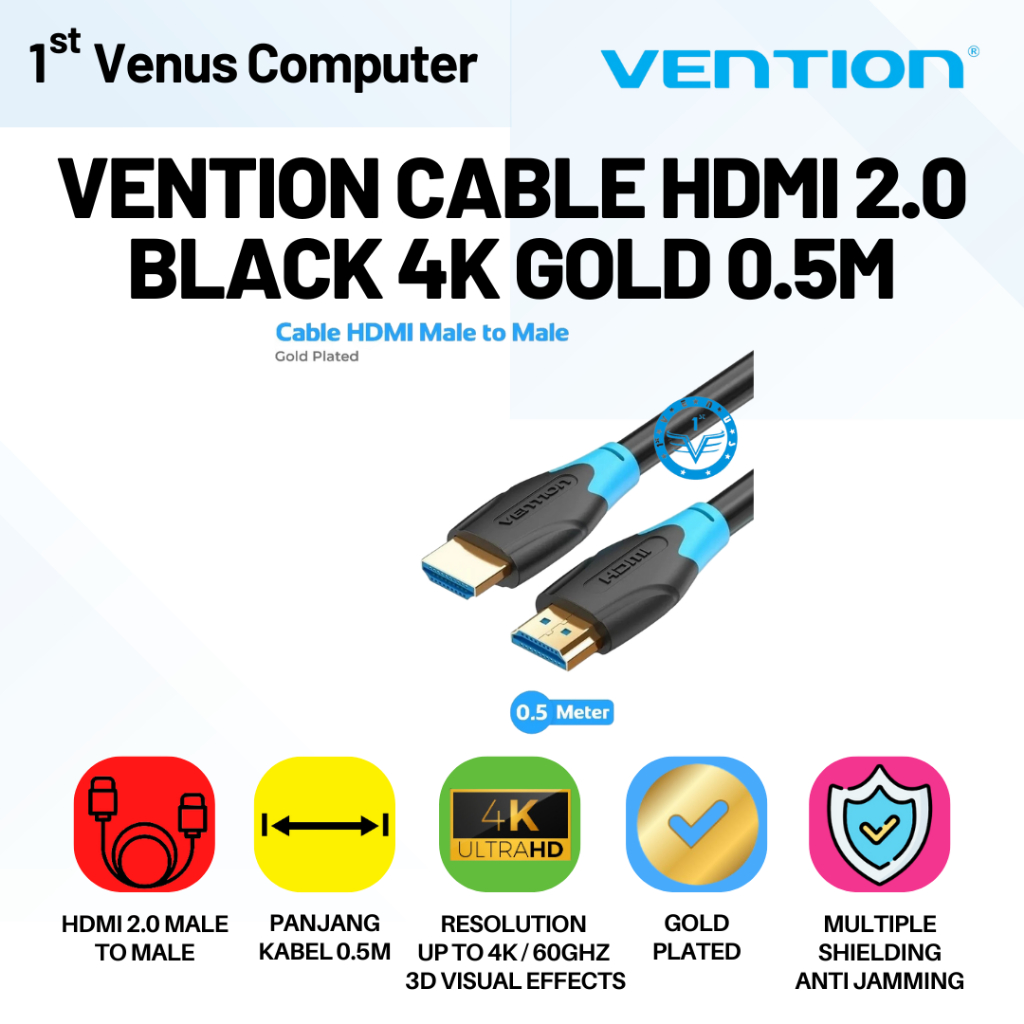 Vention สาย HDMI 2.0 0.5M 50CM Male to Male 4K for PC LCD Projector - AAGBD, / VEN07-HDMI
